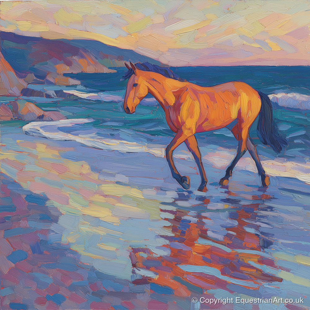 Vibrant Coastal Stride - horse landscape art print and canvas by Celia Harding A.I