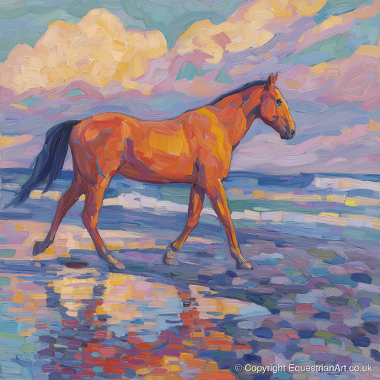 Vibrant Coastal Stroll - horse landscape art print and canvas by Celia Harding A.I