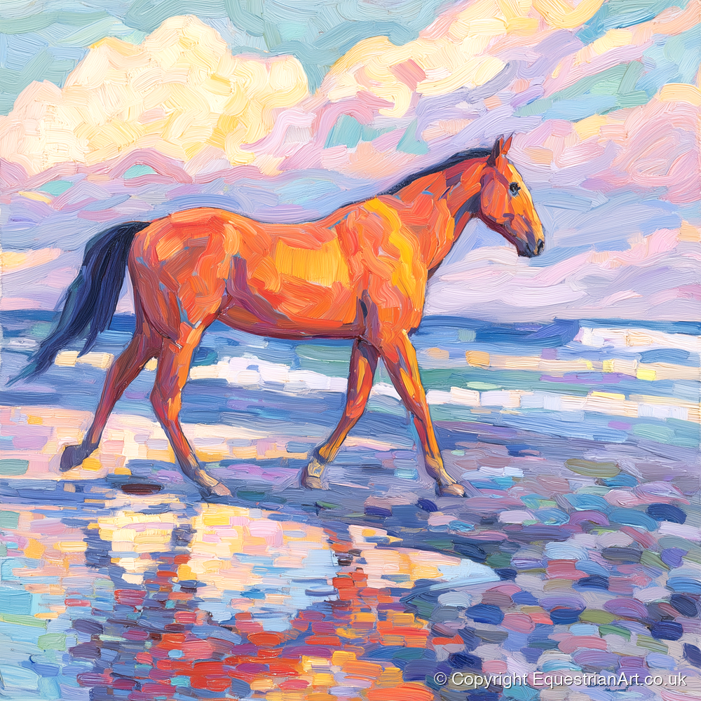 Vibrant Coastal Stroll - horse landscape art print and canvas by Celia Harding A.I