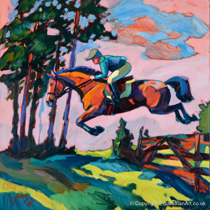 Vibrant Cross Country Leap - show jumping horse art print and canvas by Gideon Wright A.I