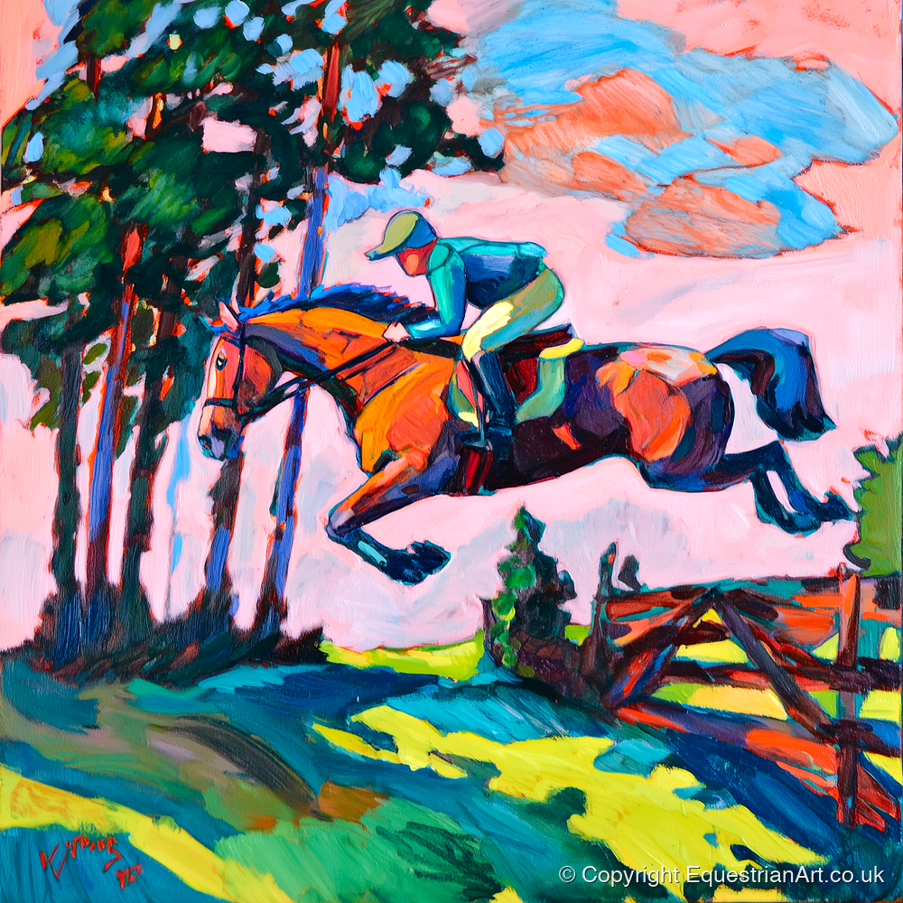 Vibrant Cross Country Leap - show jumping horse art print and canvas by Gideon Wright A.I