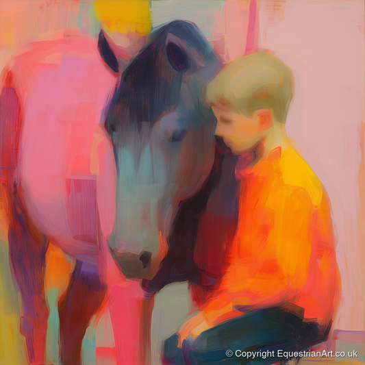 Vibrant Embrace - horse & rider art print and canvas by Rosalind Pierce A.I