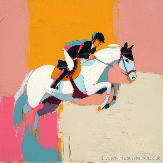 Vibrant Flight - show jumping horse art print and canvas by Genevieve Moore A.I