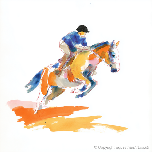 Vibrant Flight - show jumping horse art print and canvas by Maxwell Flynn A.I