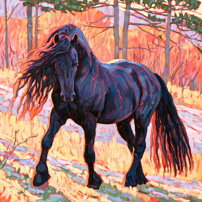 Vibrant Friesian in Sunset Woodland - horse breed art print and canvas by Celia Harding A.I