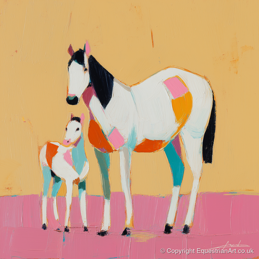 Vibrant Geometric Bond - mare & foal art print and canvas by Genevieve Moore A.I