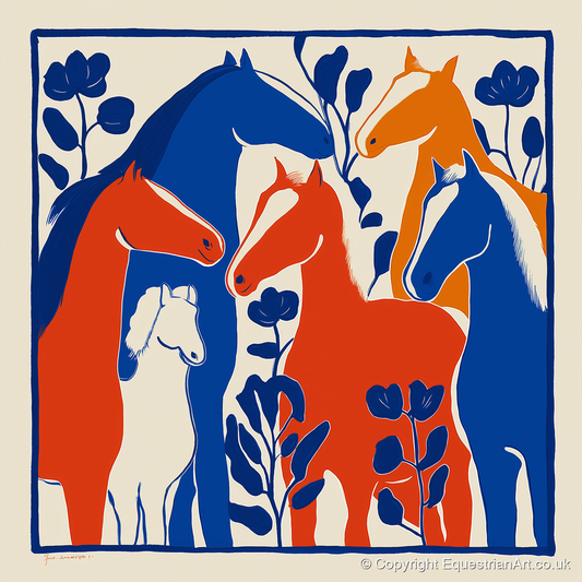 Vibrant Graphic Herd - wild horses art print and canvas by Matilda Graves A.I