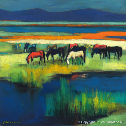 Vibrant Grazing Herd - wild horses art print and canvas by Lucius Merrick A.I