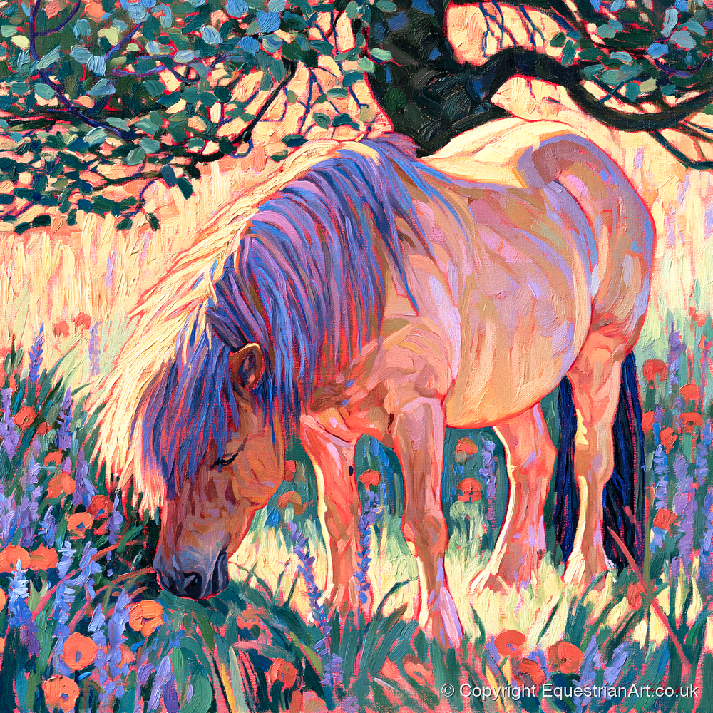 Vibrant Grazing Pony In Meadow - horse breed art print and canvas by Celia Harding A.I