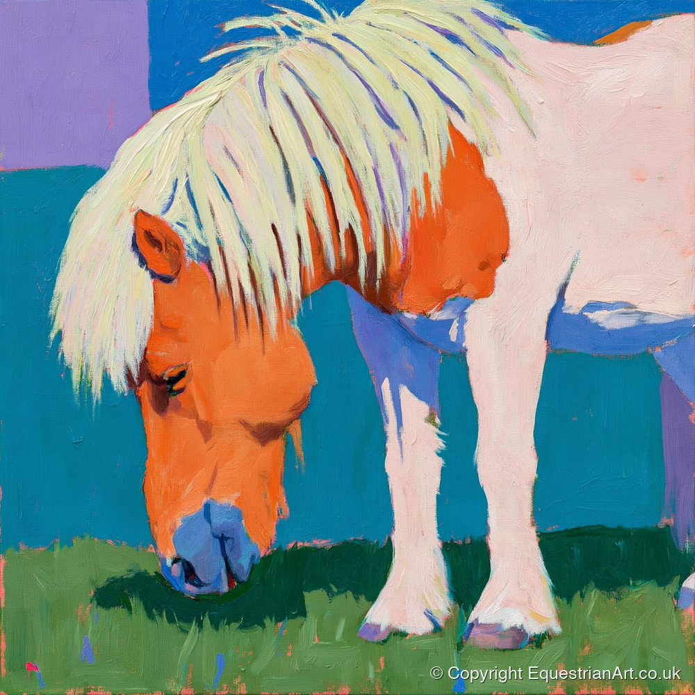 Vibrant Grazing Shetland Pony - horse breed art print and canvas by Marshall Davies A.I