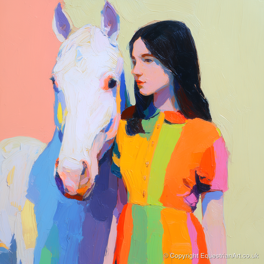 Vibrant Harmony - horse & rider art print and canvas by Desmond Locke A.I