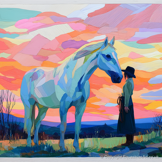 Vibrant Horizon Partnership - horse & rider art print and canvas by Sylvia Carmichael A.I