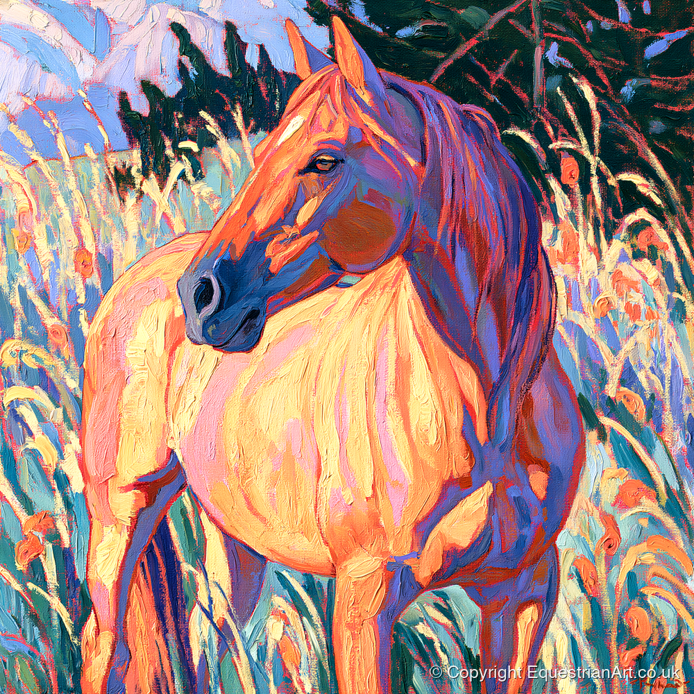 Vibrant Horse in Tall Grass - horse breed art print and canvas by Celia Harding A.I