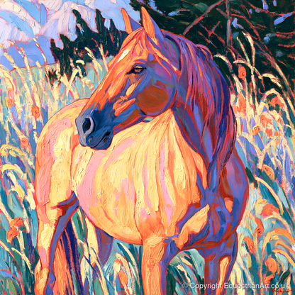 Vibrant Horse in Tall Grass - horse breed art print and canvas by Celia Harding A.I
