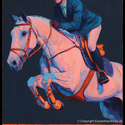 Vibrant Indigo Flight - show jumping horse art print and canvas by Evander Winslow A.I