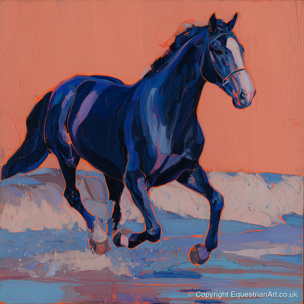 Vibrant Indigo Surf - beach horse art print and canvas by Evander Winslow A.I