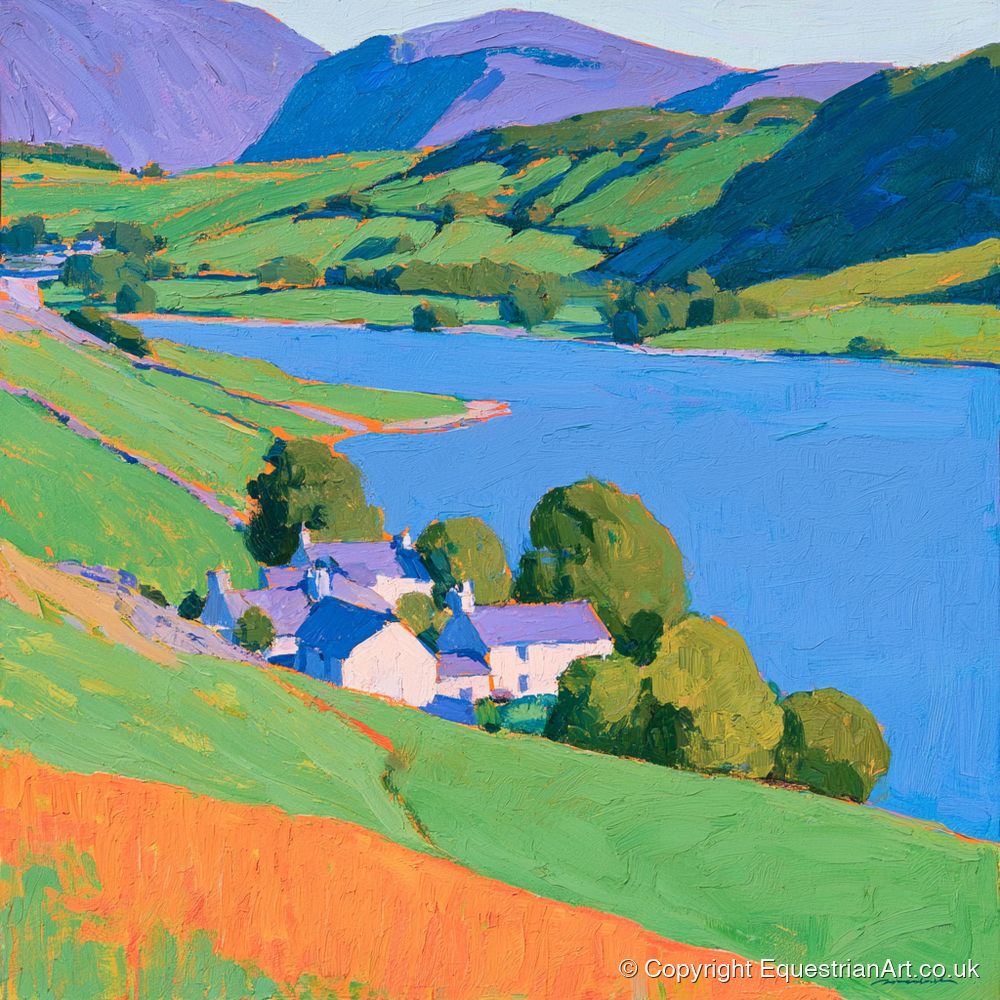 Vibrant Lakeside Valley - horse landscape art print and canvas by Marshall Davies A.I