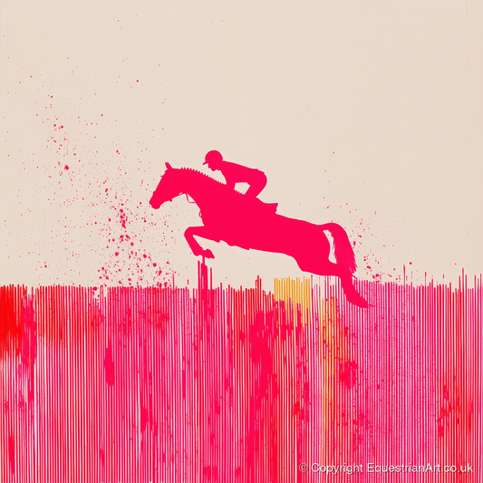 Vibrant Magenta Leap - show jumping horse art print and canvas by Camilla Royston A.I