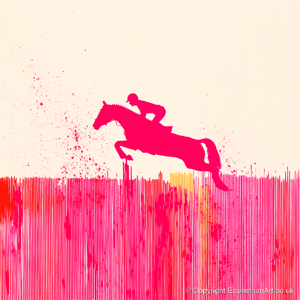 Vibrant Magenta Leap - show jumping horse art print and canvas by Camilla Royston A.I