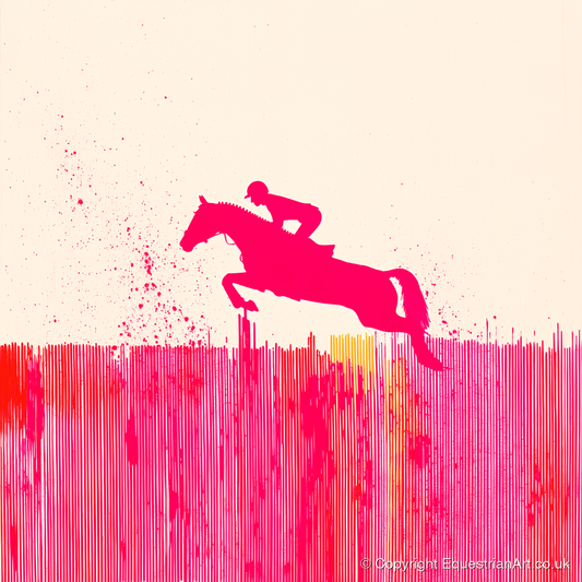 Vibrant Magenta Leap - show jumping horse art print and canvas by Camilla Royston A.I