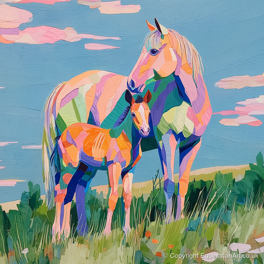 Vibrant Maternal Bond - mare & foal art print and canvas by Sylvia Carmichael A.I