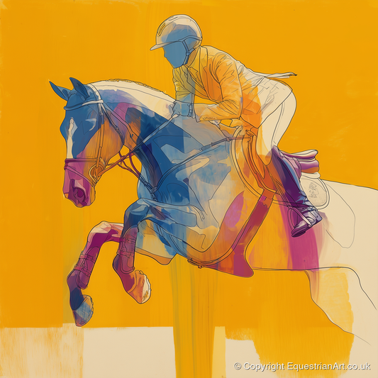 Vibrant Mid-Air Clearance - show jumping horse art print and canvas by Tobias Blake A.I
