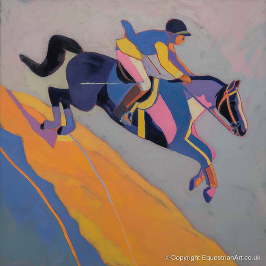 Vibrant Mid-Air Leap - show jumping horse art print and canvas by Helena Ashby A.I