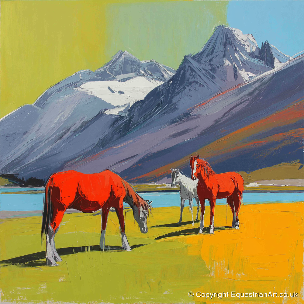 Vibrant Mountain Grazing - horse landscape art print and canvas by Victor Beaumont A.I