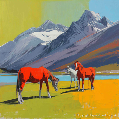 Vibrant Mountain Grazing - horse landscape art print and canvas by Victor Beaumont A.I