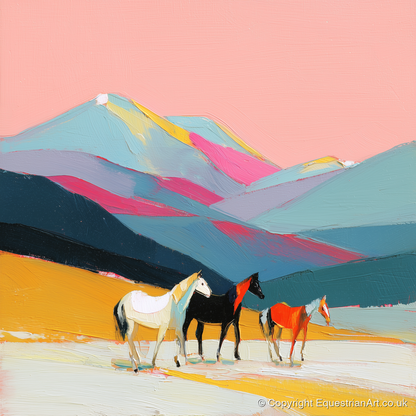 Vibrant Mountain Herd - horse landscape art print and canvas by Genevieve Moore A.I