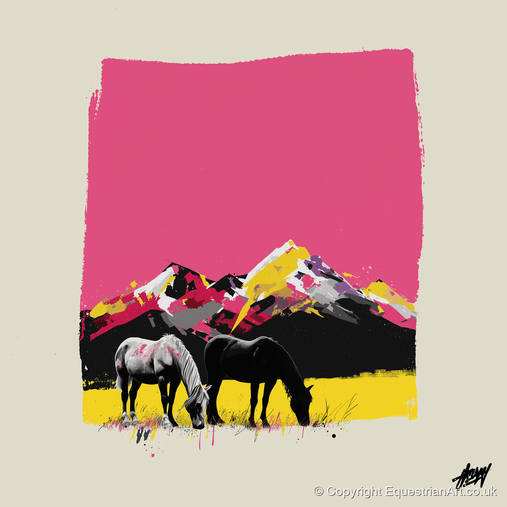 Vibrant Mountain Pastures - horse landscape art print and canvas by Maximilian Somerset A.I