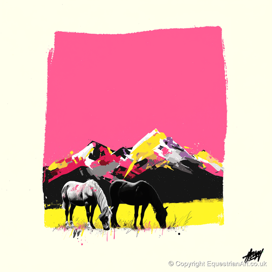 Vibrant Mountain Pastures - horse landscape art print and canvas by Maximilian Somerset A.I