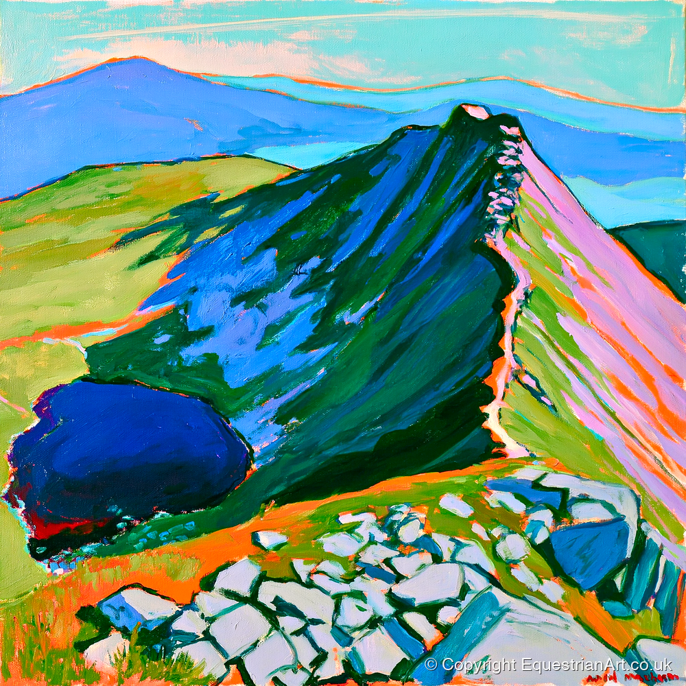 Vibrant Mountain Ridge And Tarn - horse landscape art print and canvas by Gideon Wright A.I