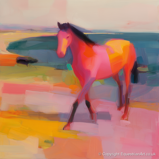 Vibrant Painted Stride - horse landscape art print and canvas by Rosalind Pierce A.I