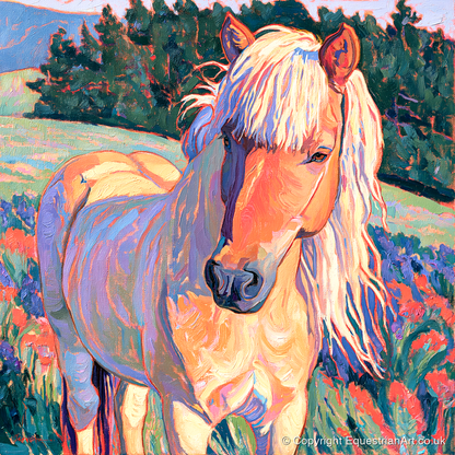 Vibrant Palomino Pony In Meadow - horse breed art print and canvas by Celia Harding A.I