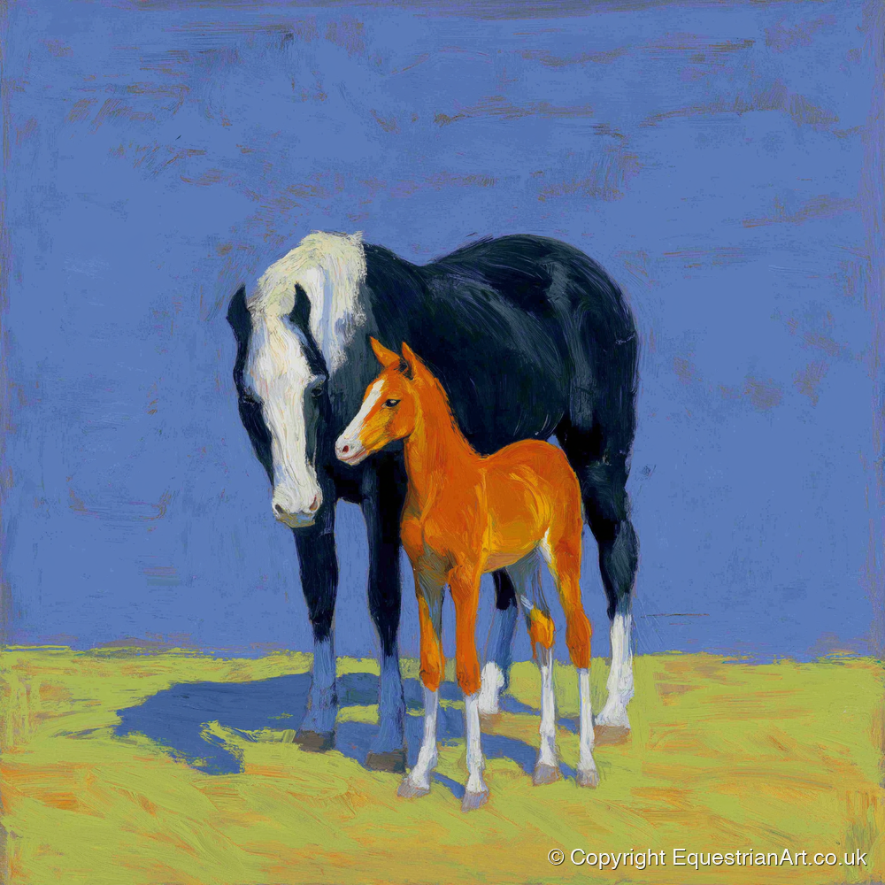 Vibrant Pasture Bond - mare & foal art print and canvas by Hugo Beckett A.I