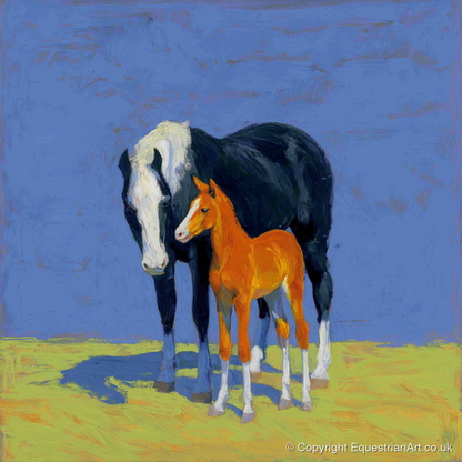 Vibrant Pasture Bond - mare & foal art print and canvas by Hugo Beckett A.I