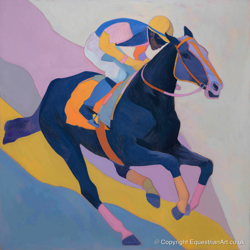 Vibrant Racing Stride - racing horse art print and canvas by Helena Ashby A.I