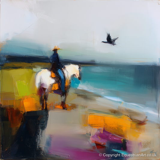 Vibrant Shoreline Hack - beach horse art print and canvas by Warren Yates A.I