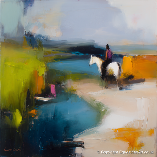 Vibrant Shoreline Hack - beach horse art print and canvas by Warren Yates A.I