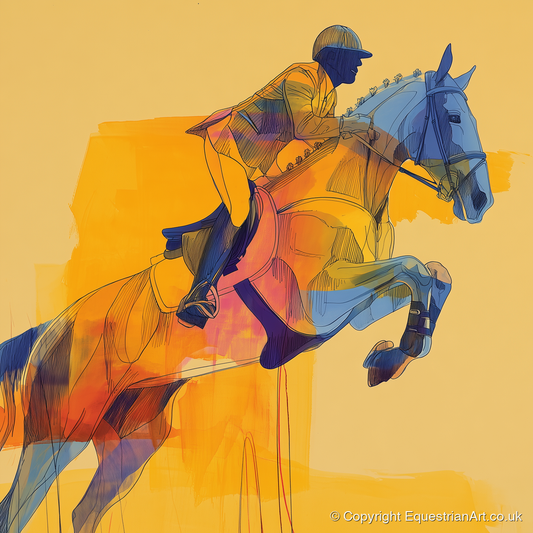 Vibrant Showjumping Flight - show jumping horse art print and canvas by Tobias Blake A.I