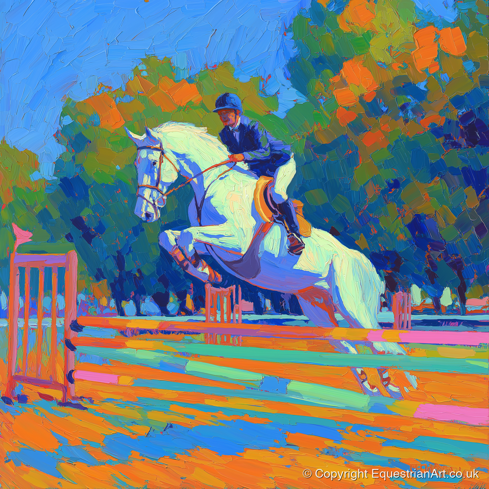 Vibrant Showjumping Leap - show jumping horse art print and canvas by Jonathan Crawford A.I