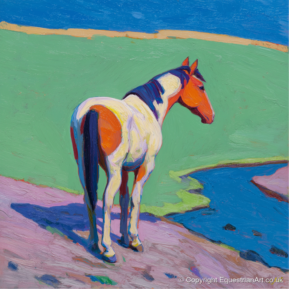 Vibrant Skewbald By The River - horse breed art print and canvas by Marshall Davies A.I