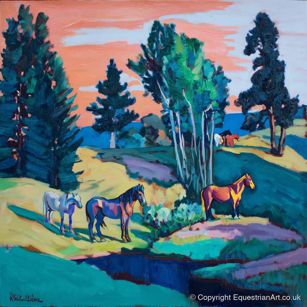 Vibrant Summer Pastures - horse landscape art print and canvas by Gideon Wright A.I