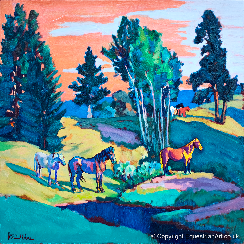 Vibrant Summer Pastures - horse landscape art print and canvas by Gideon Wright A.I
