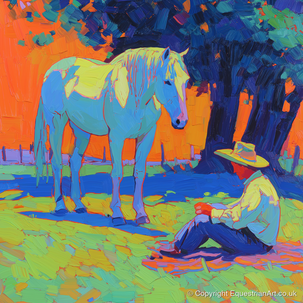 Vibrant Sunset Companion - horse & rider art print and canvas by Jonathan Crawford A.I