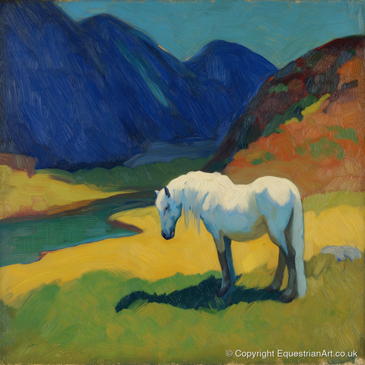 Vibrant Valley Grey - horse landscape art print and canvas by Rowan Sinclair A.I