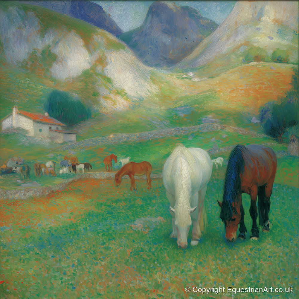 Vibrant Valley Pasture - horse landscape art print and canvas by Ambrose Keating A.I