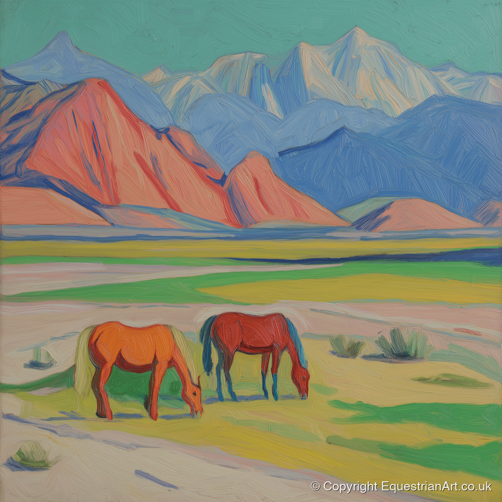 Vibrant Valley Pastures - horse landscape art print and canvas by Mirabel Carlyle A.I