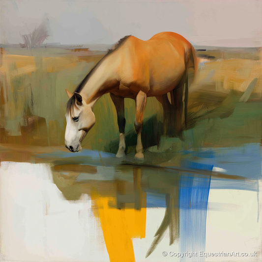 Vibrant Waterside Reflection - horse landscape art print and canvas by Silas Marlowe A.I